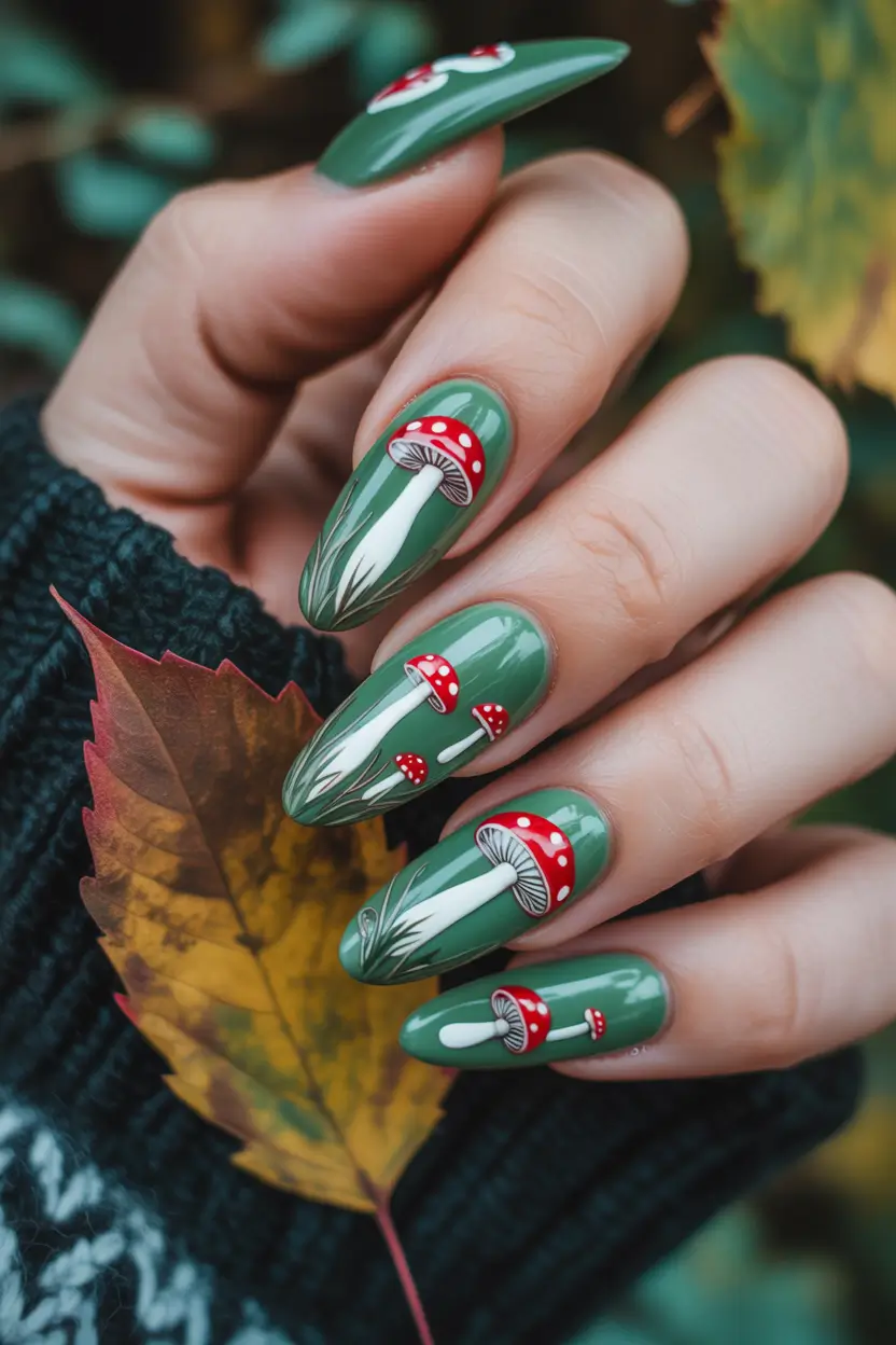 Fall nail colors Whimsical Forest Green with Mushroom Accents