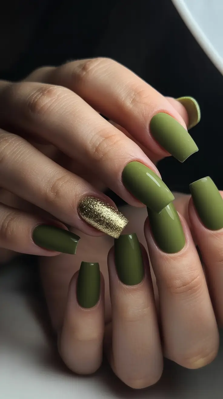 Fall nail colors Olive Green with Golden Sparkle