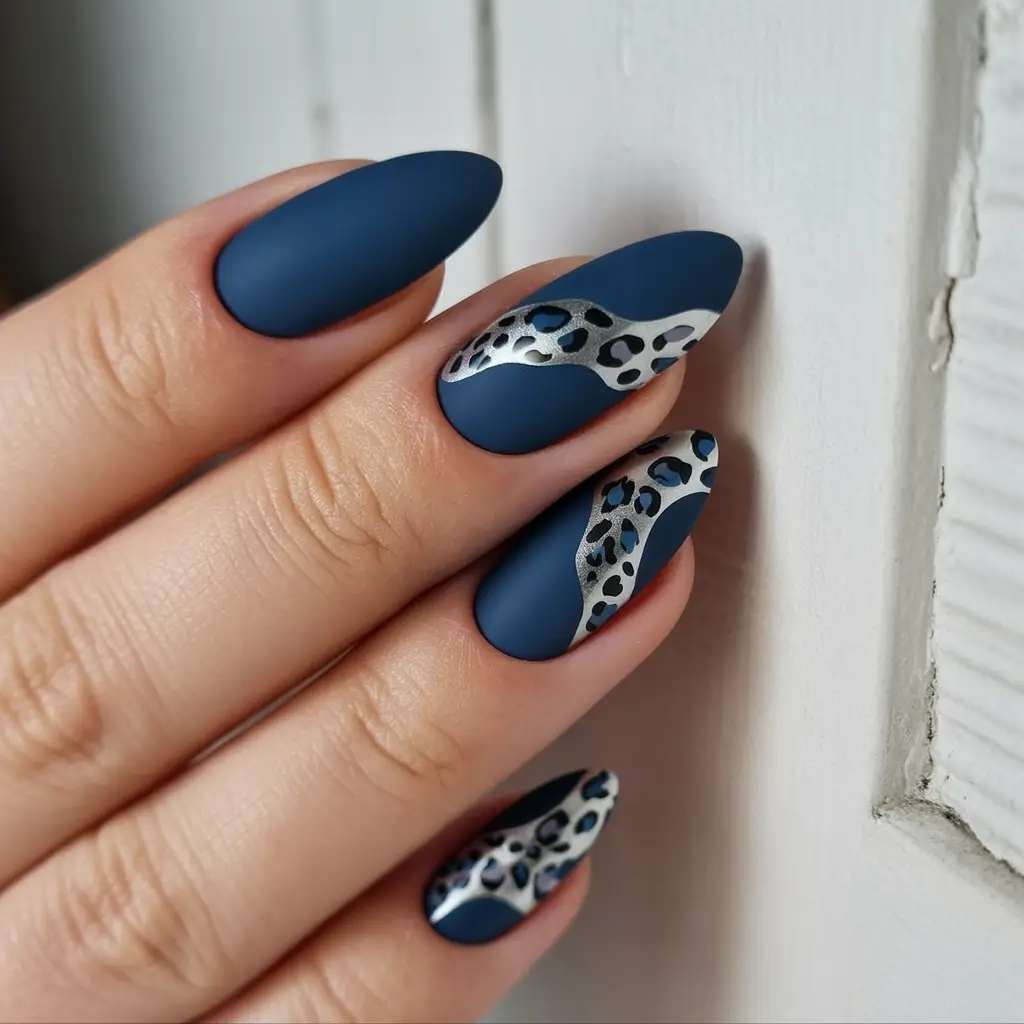 Fall nail colors Matte Navy with Silver Leopard Accents