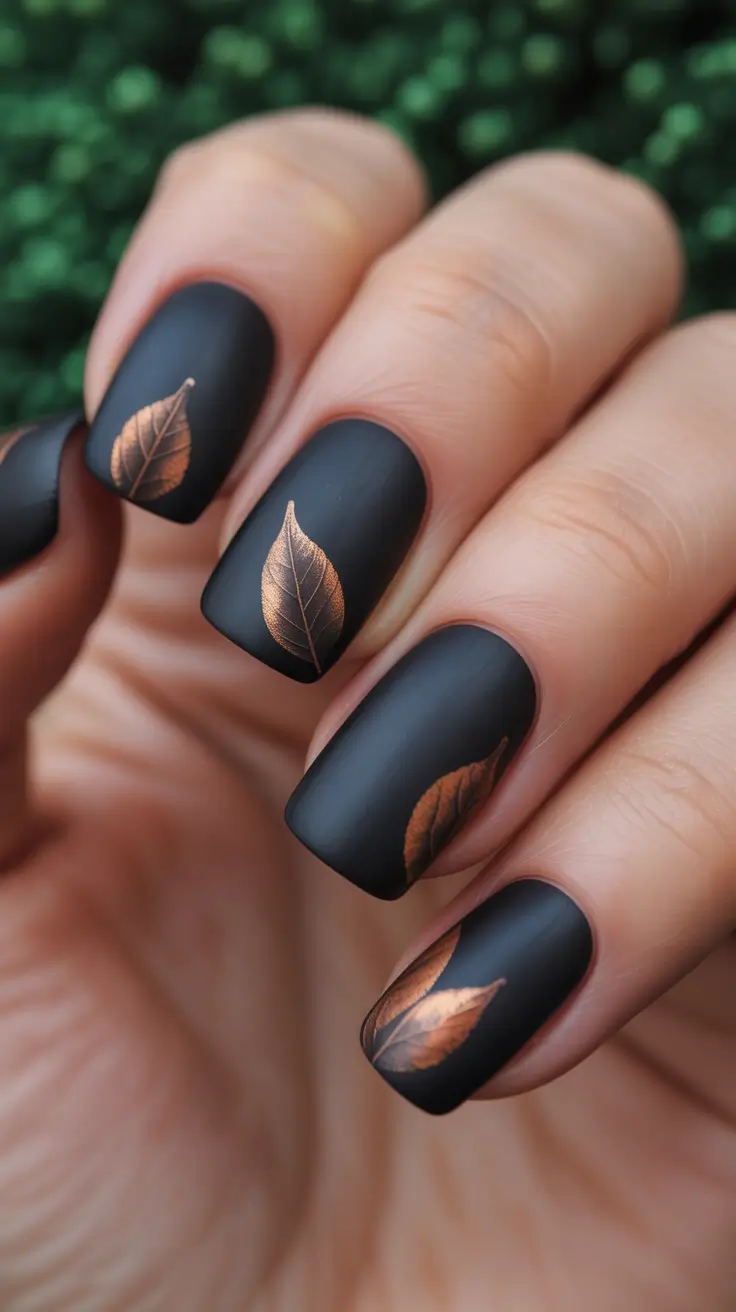 Fall nail colors Matte Black with Copper Leaves