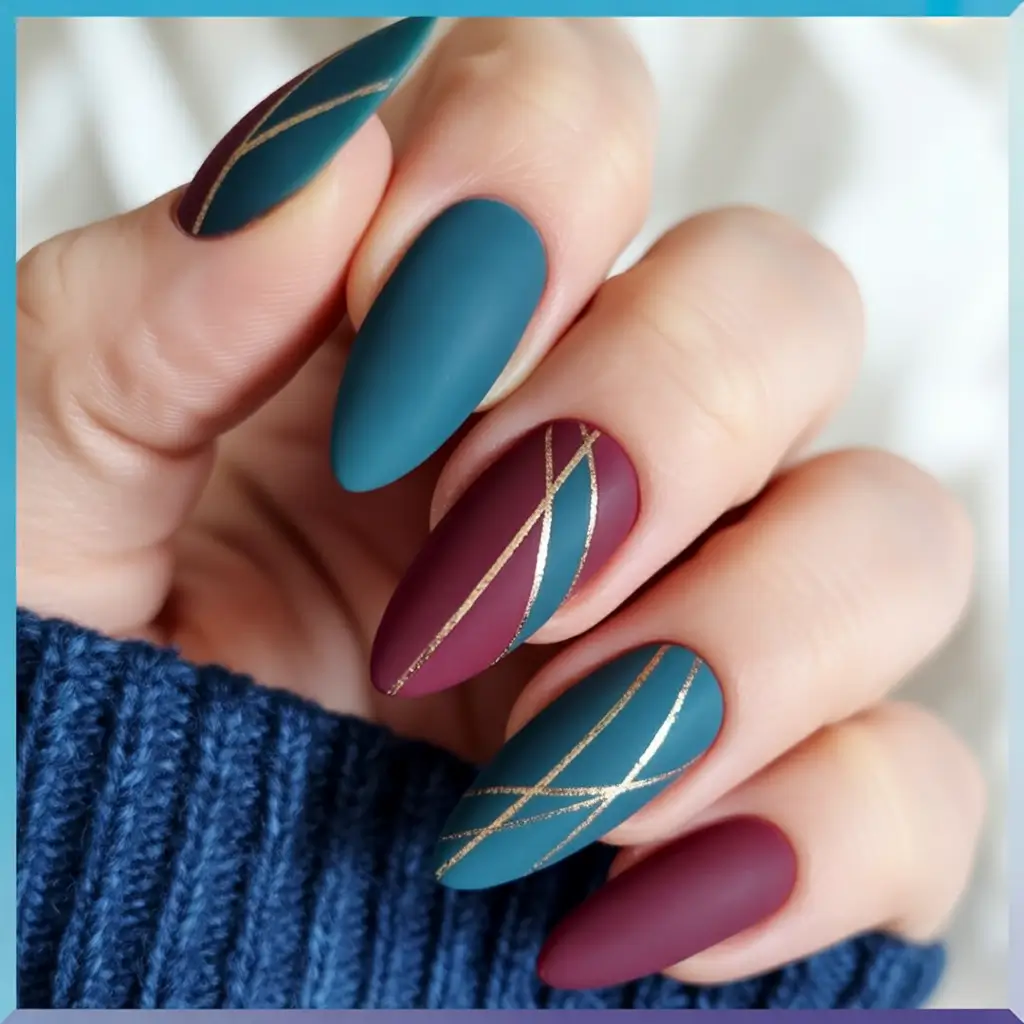 Fall nail colors Teal and Burgundy with Golden Geometry