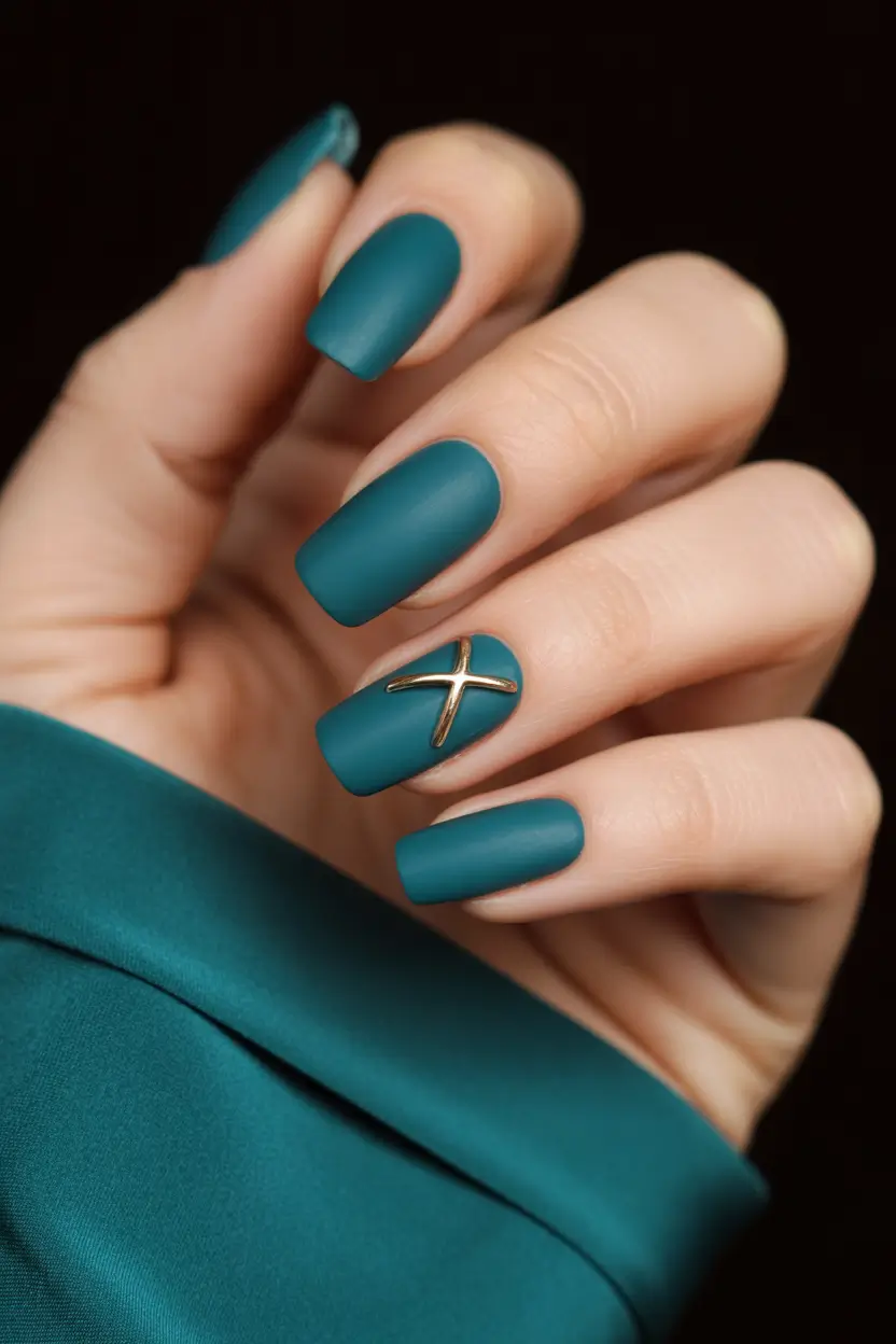 Fall nail colors Deep Teal Matte with Gold Accent