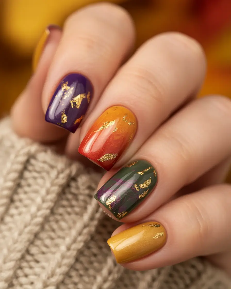 Fall nail colors Rich Autumn Gradient with Gold Foil
