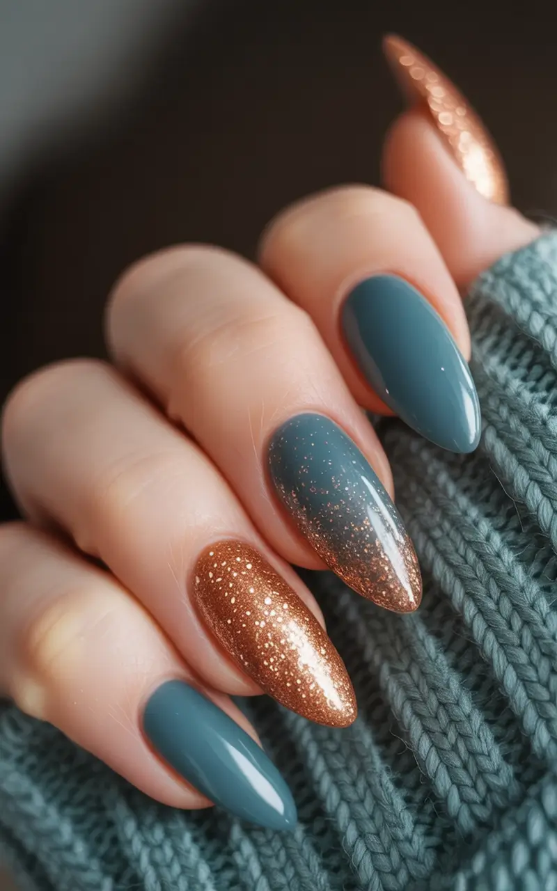 Fall nail colors Deep Teal and Copper Glitter Blend