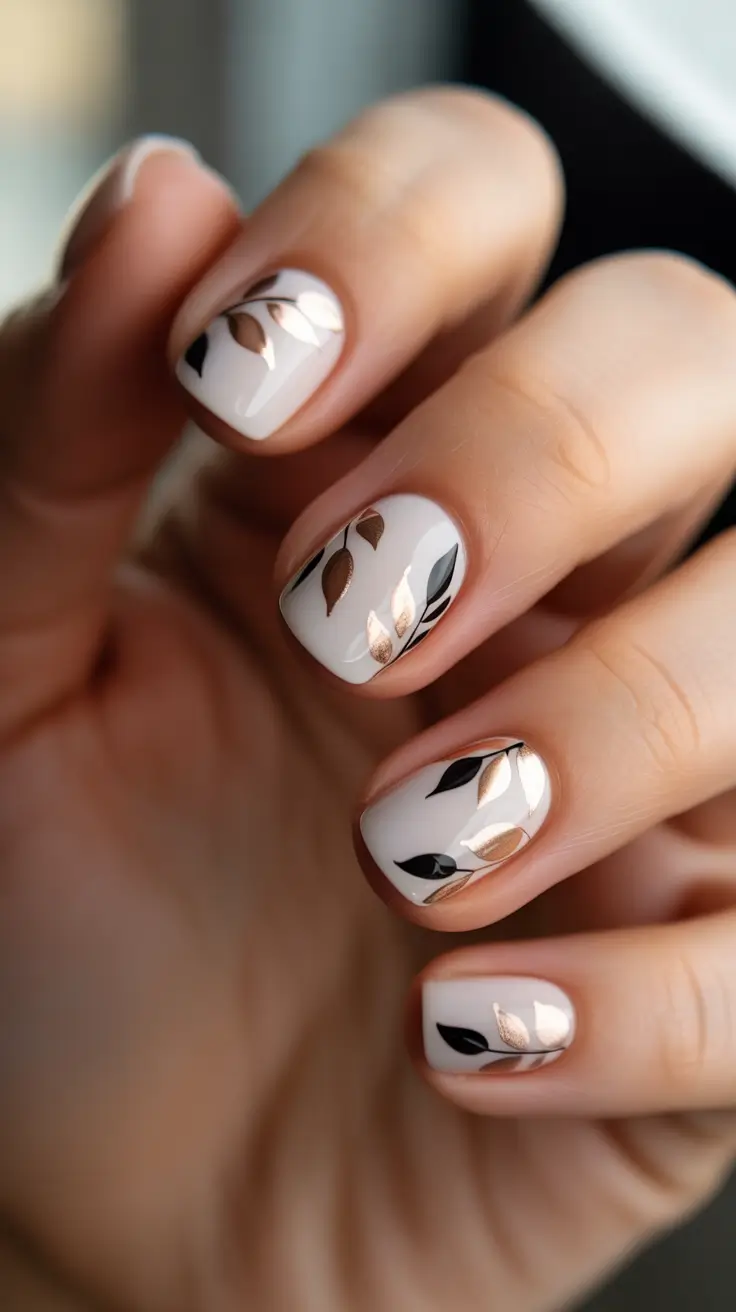Fall nail colors Minimalist Leaf Motif on Soft White