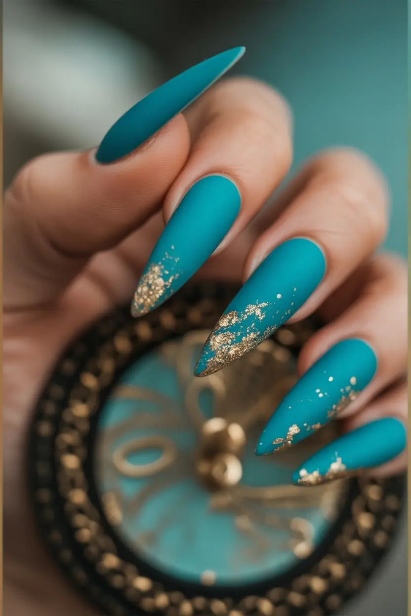 October-nails-color-Teal-Velvet-with-Gold-Dust