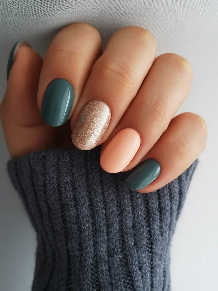 October-nails-color-Teal-Peach-Golden-Accent