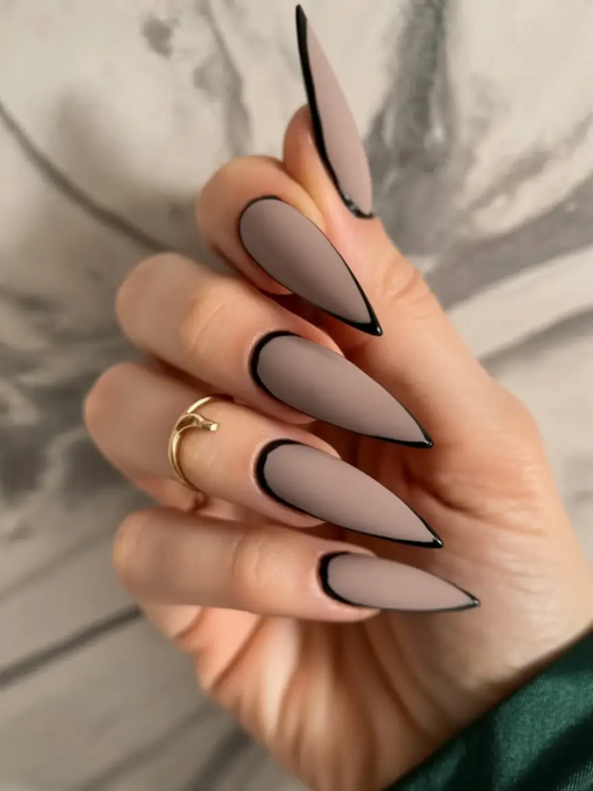 Fall Nail Colors 2025 Matte Taupe with Black Outlined Drama