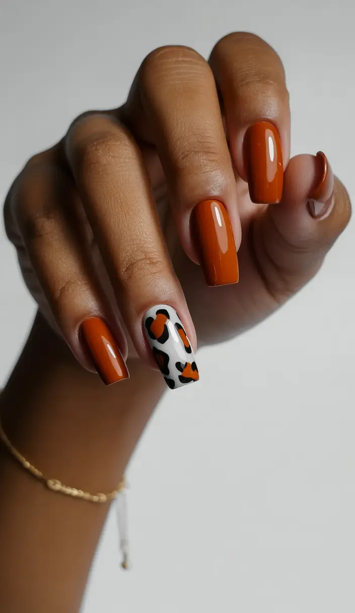 Fall Nail Colors 2025 Burnt Orange with Leopard Accent