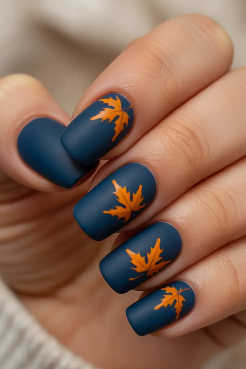 Fall Nail Colors 2025 Matte Navy with Autumn Leaves