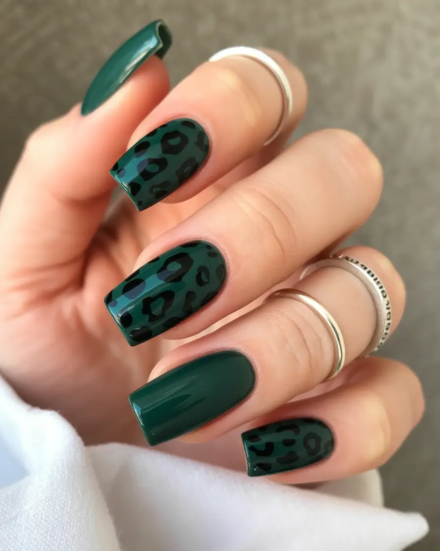 Fall Nail Colors 2025 Deep Green Leopard Print