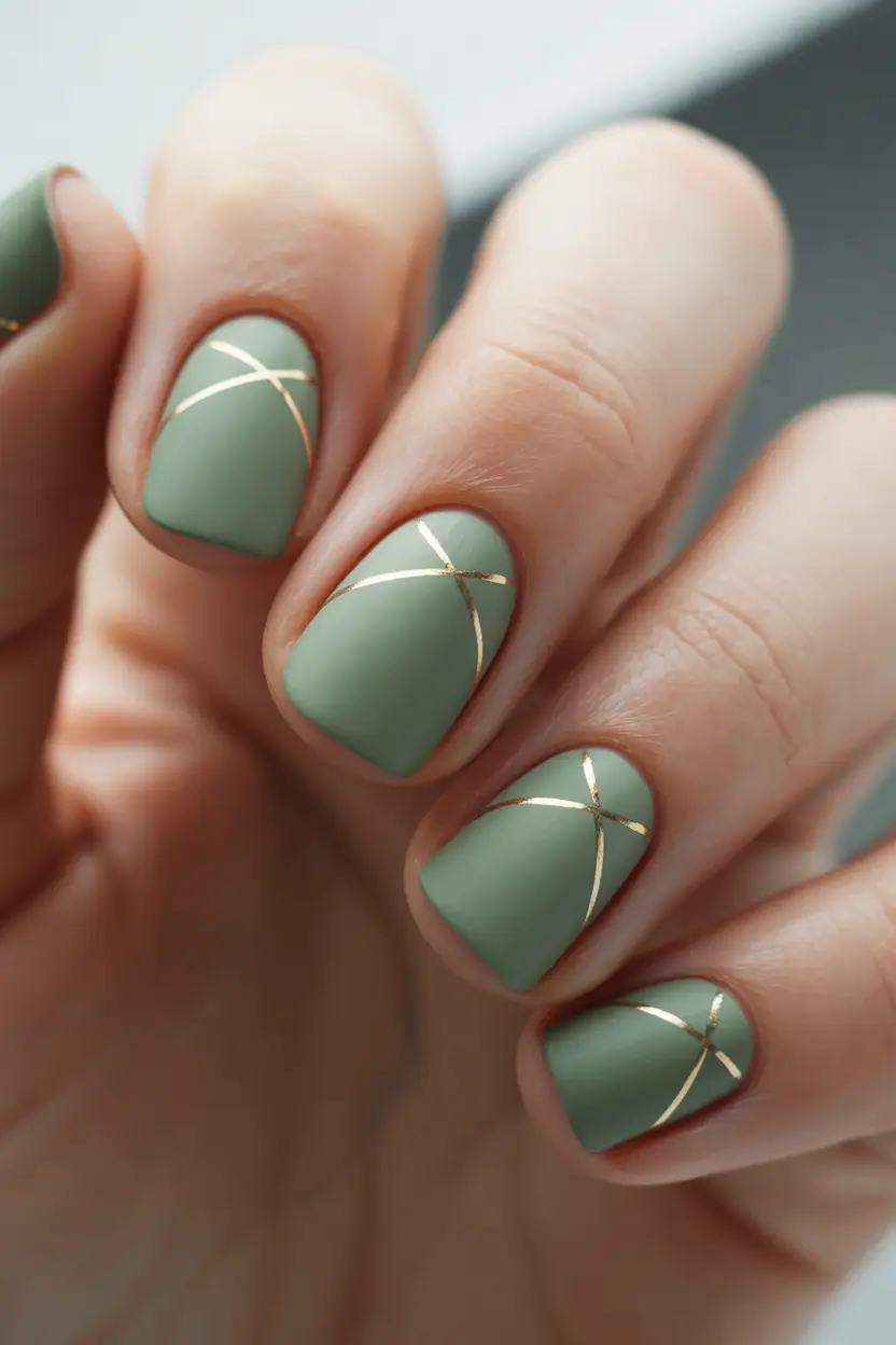 Fall Nail Colors 2025 Muted Sage with Golden Cross Lines