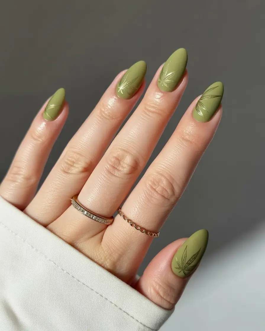 Fall Nail Colors 2025 Olive Matte with Botanical Etchings