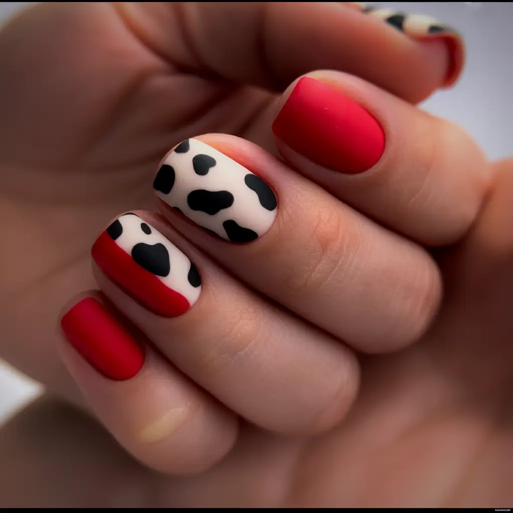 Fall Nail Colors 2025 Playful Red and Animal Print Fusion