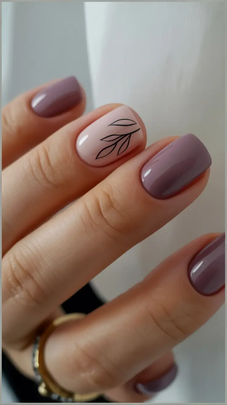 Fall Nail Colors 2025 Soft Mauve with Minimal Leaf Detail