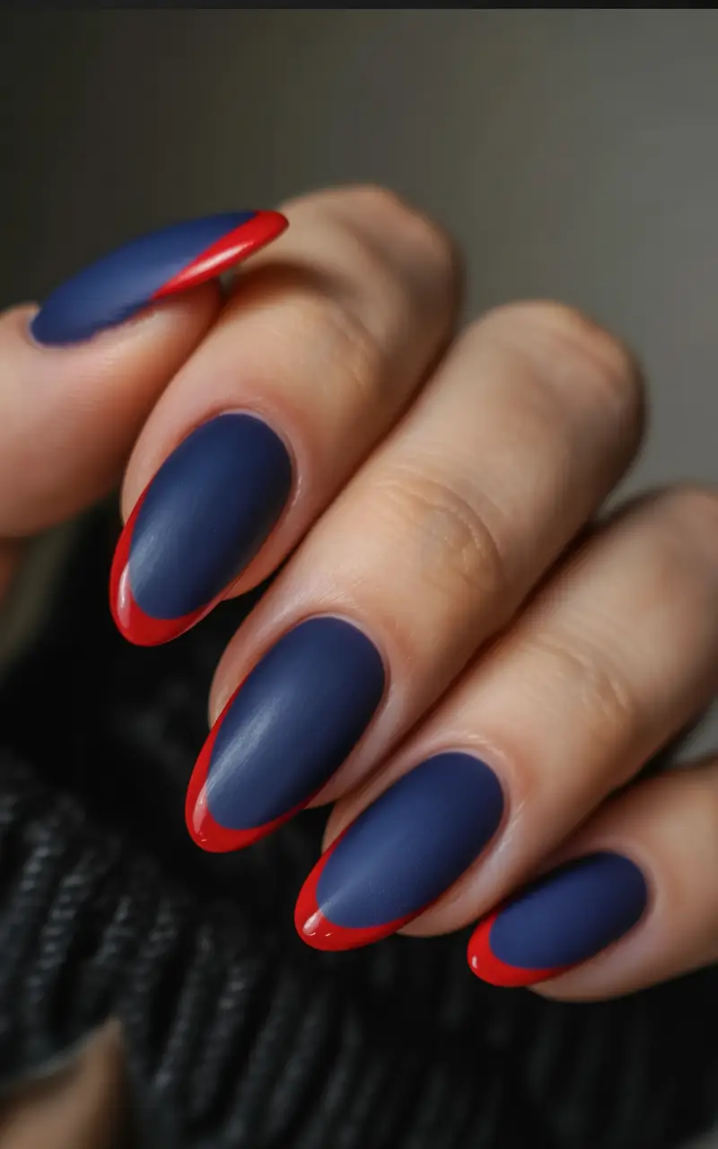 Fall Nail Colors 2025 Matte Navy with Fiery Red French Tips