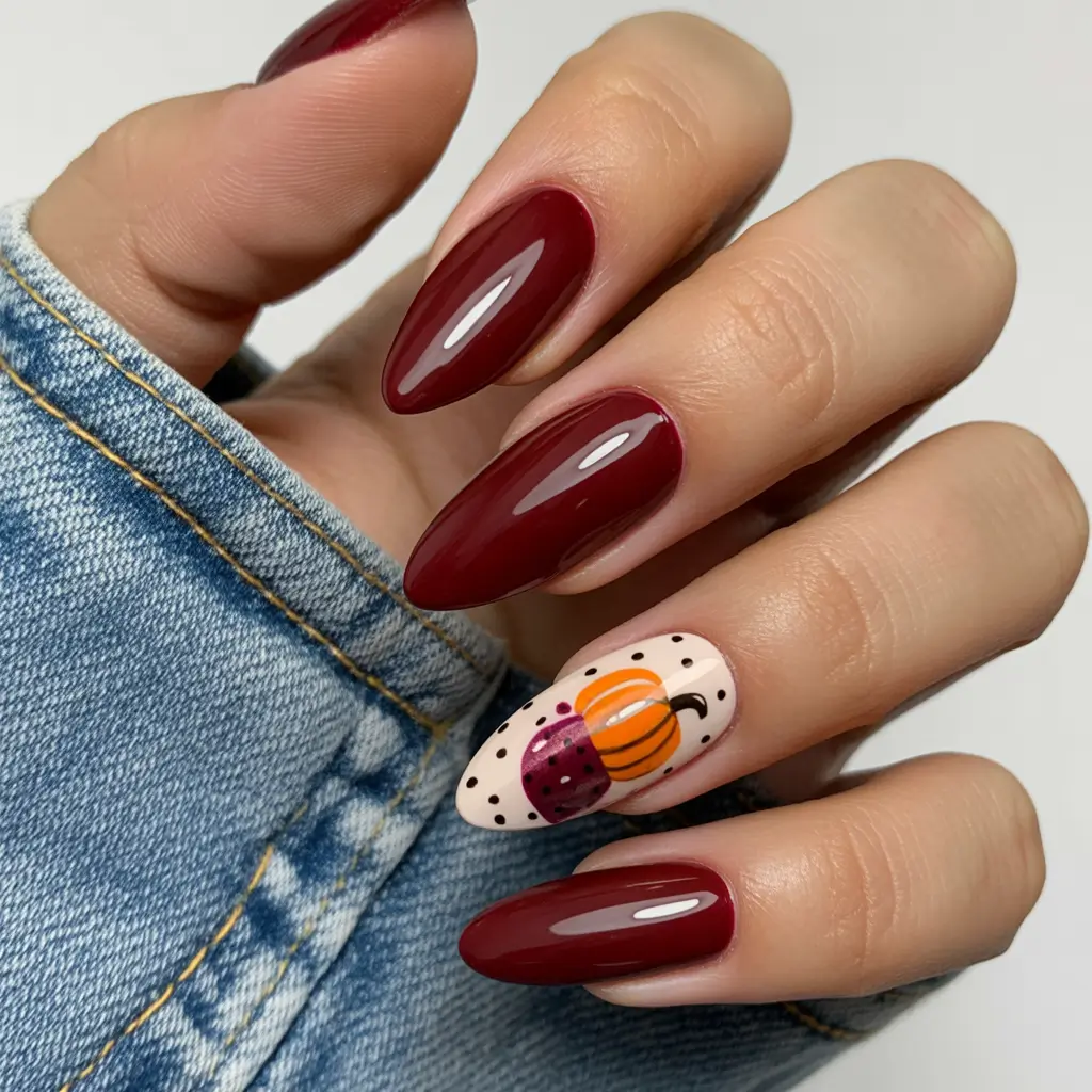 Fall Nail Colors 2025 Wine Red with Autumn Pumpkin Accent