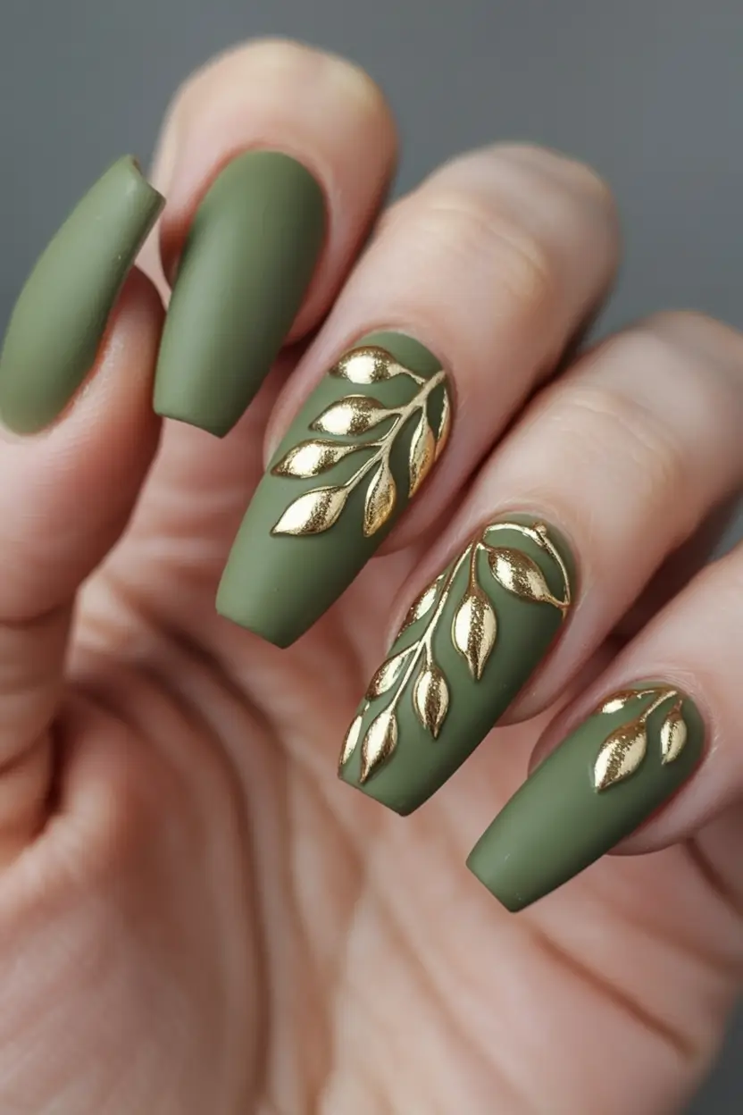 October-nails-design-Olive-Green-with-Golden-Leaf-Embellishments