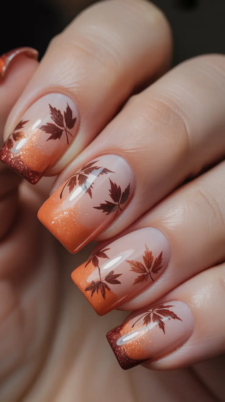 October-nails-design-Maple-Leaf-Ombre-French