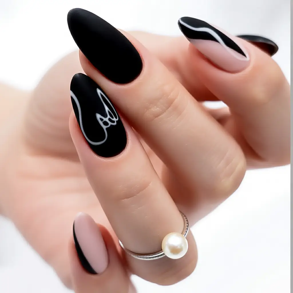 October-nails-design-Edgy-Black-and-Nude-Waves