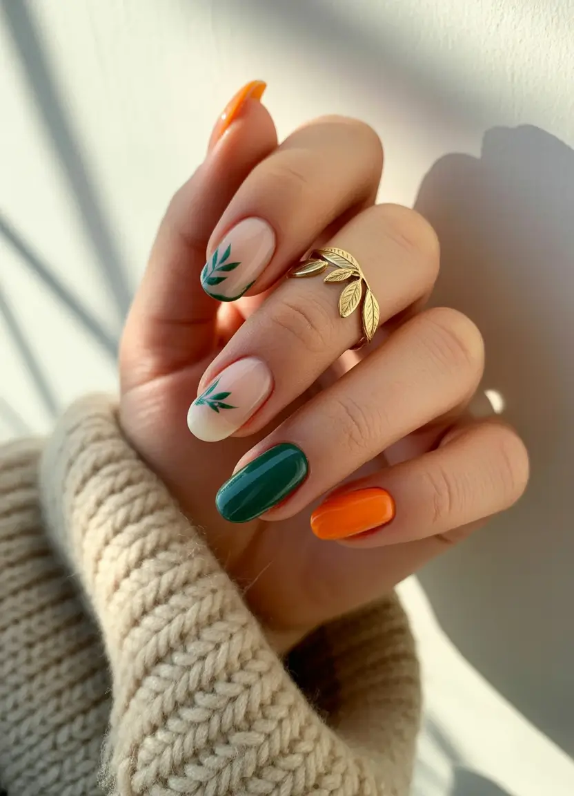 October-nails-design-Green-and-Orange-Playful-Mix