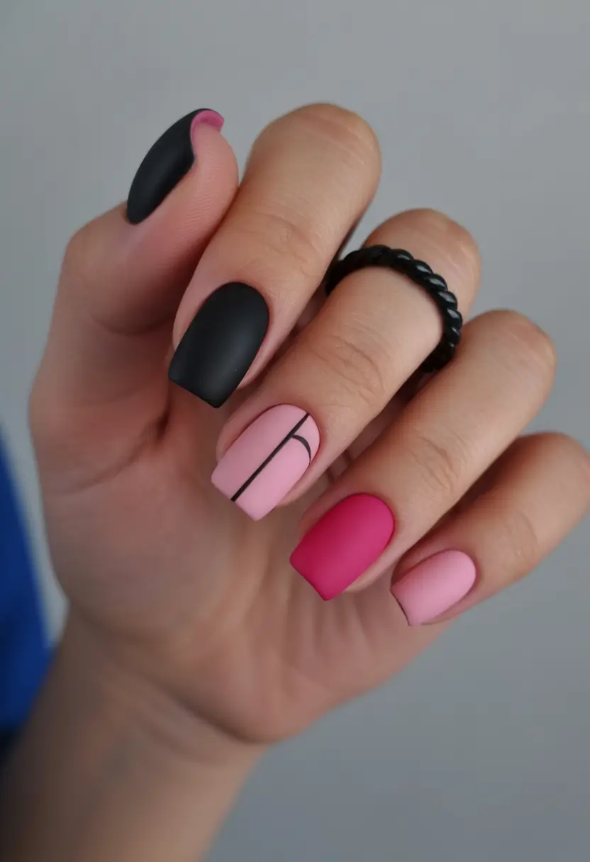 October-nails-design-Matte-Black-Meets-Pink-Contrast