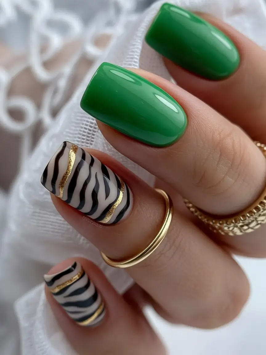 October-nails-design-Zebra-Print-with-Emerald-Green