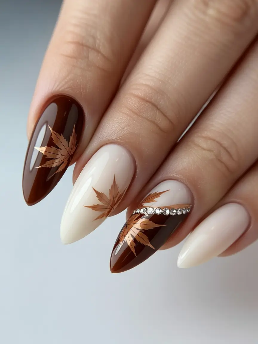 October-nails-design-Golden-Leaf-Accents-with-Luxe-Browns