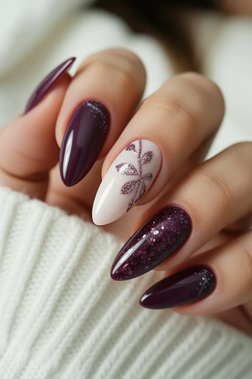 October-nails-design-Deep-Plum-with-Glittered-Leaf-Accents