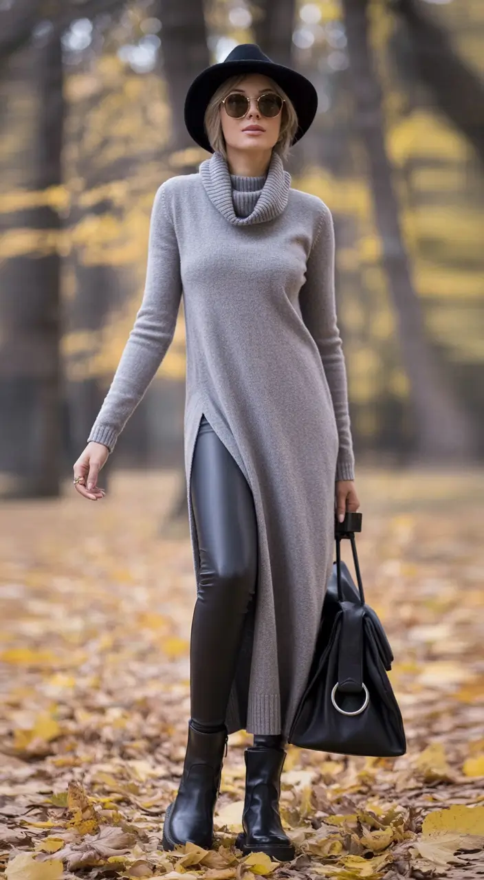 Fall outfits Longline Knit and Leather Layering