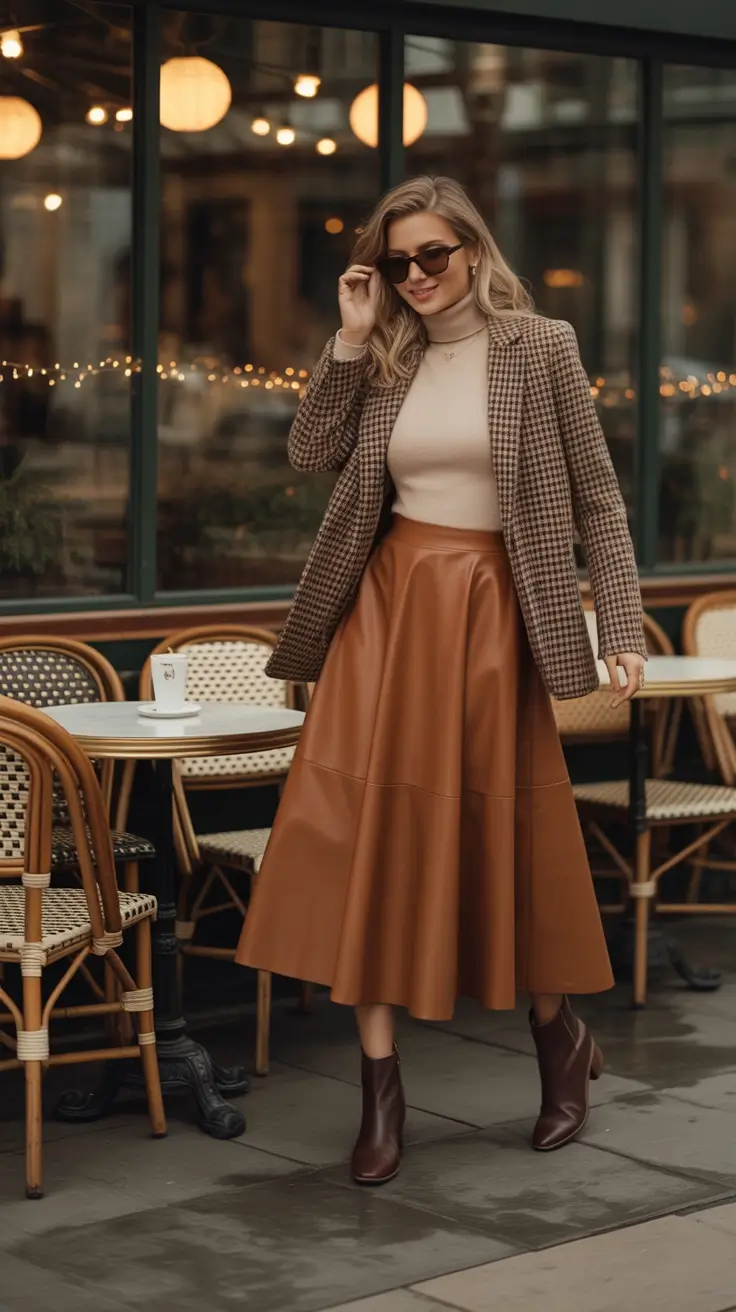 Fall outfits Retro Plaid Meets Leather Elegance