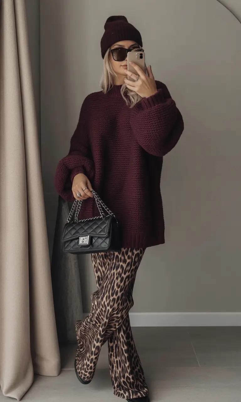 October-outfits-Burgundy-Knit-with-Leopard-Energy