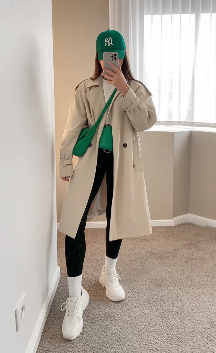 October-outfits-Sporty-Trench-with-Green-Pops