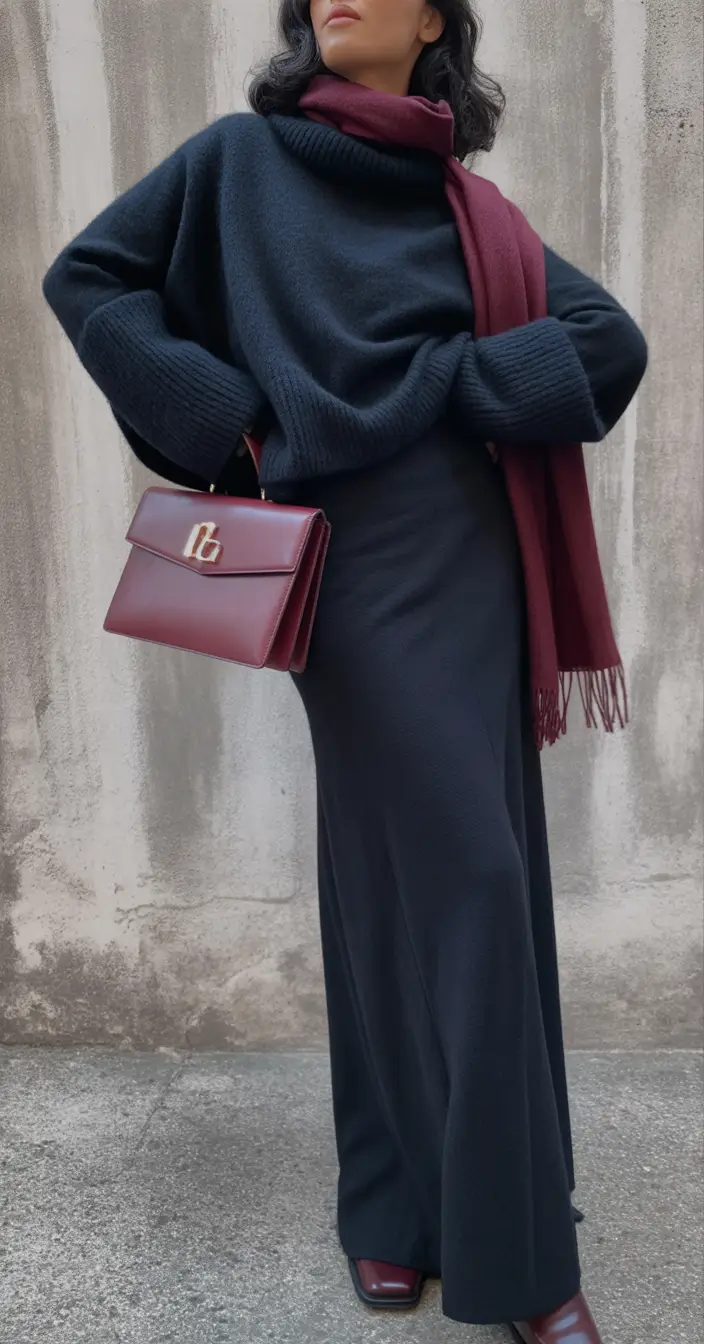 fall winter outfits Monochrome with a Pop of Burgundy