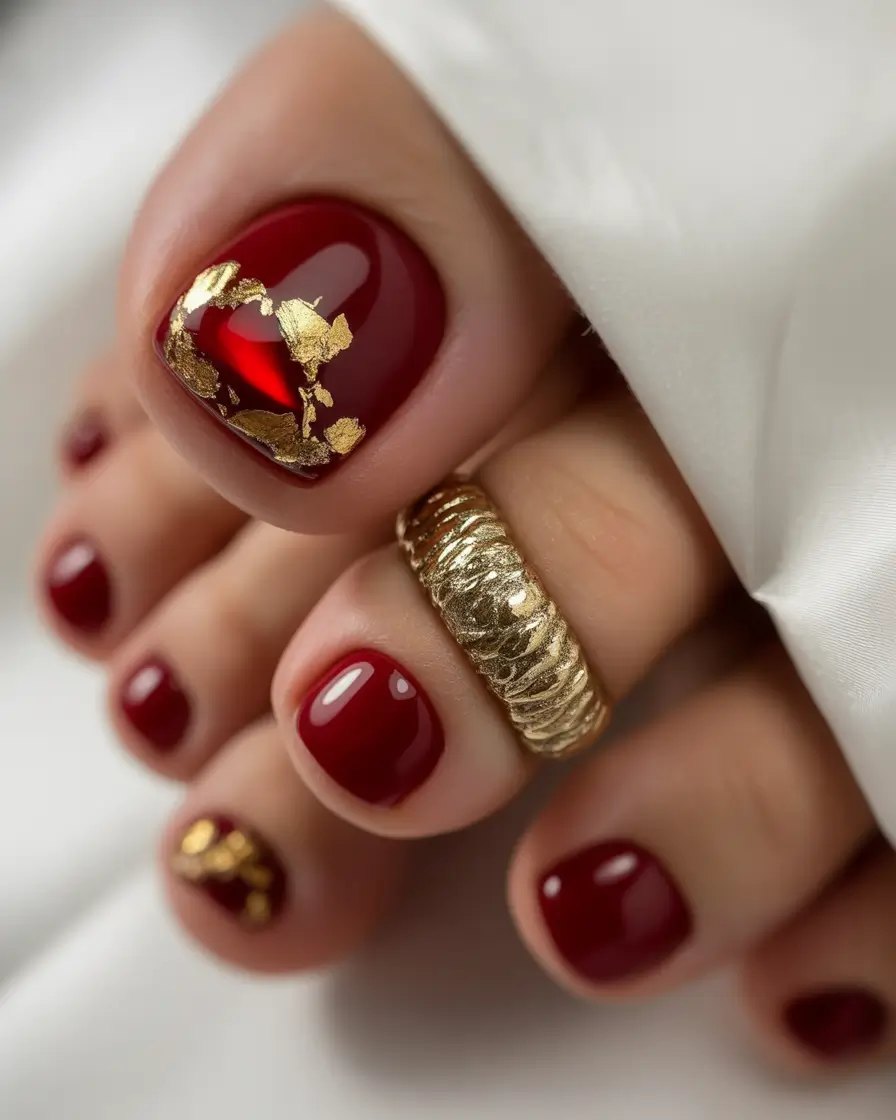 October toe nails Crimson With Gold Leaf