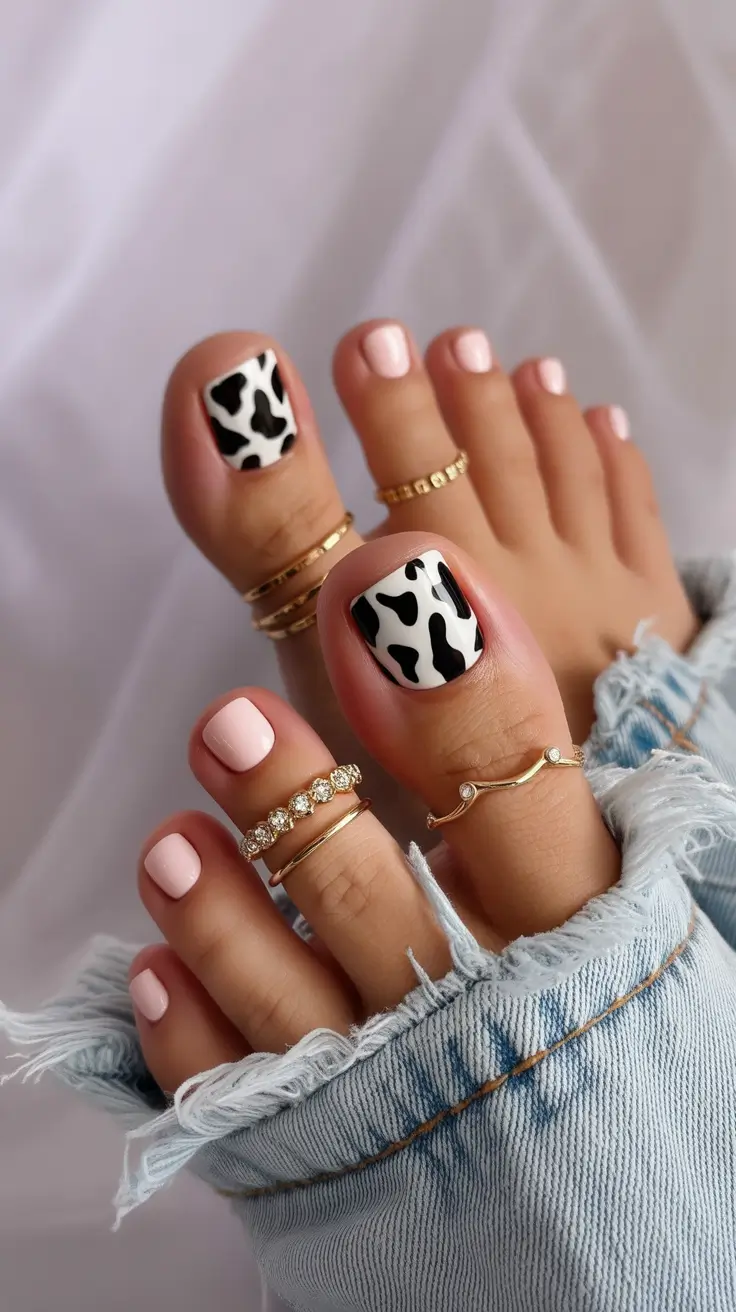 October toe nails Monochrome Cow Print