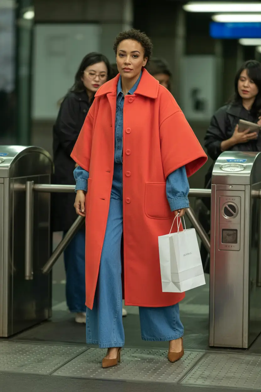 winter fashion inspo Denim and Coral Contrast