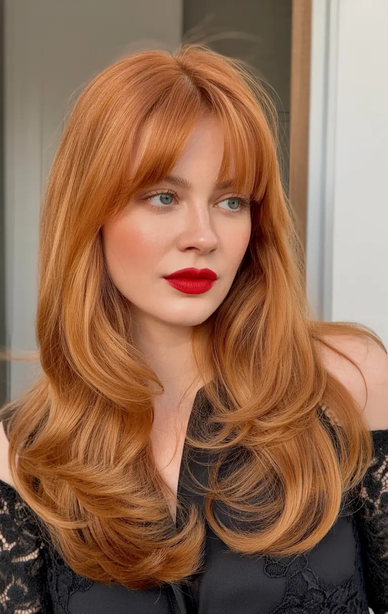 October haircuts Romantic Auburn Layers with Curtain Bangs