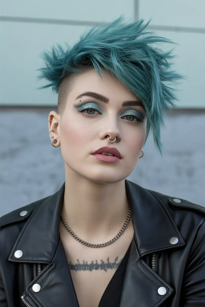 October hair color Edgy Teal Pixie with Undercut