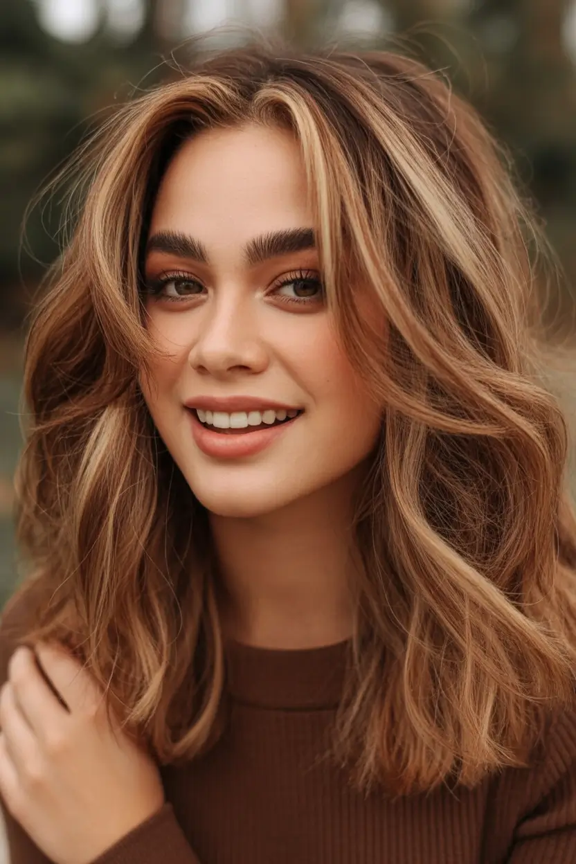 October hair color Golden Brunette with Face Highlights