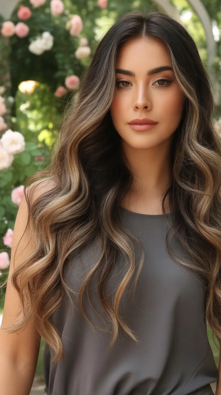 October hair color Brunette Waves with Soft Highlights