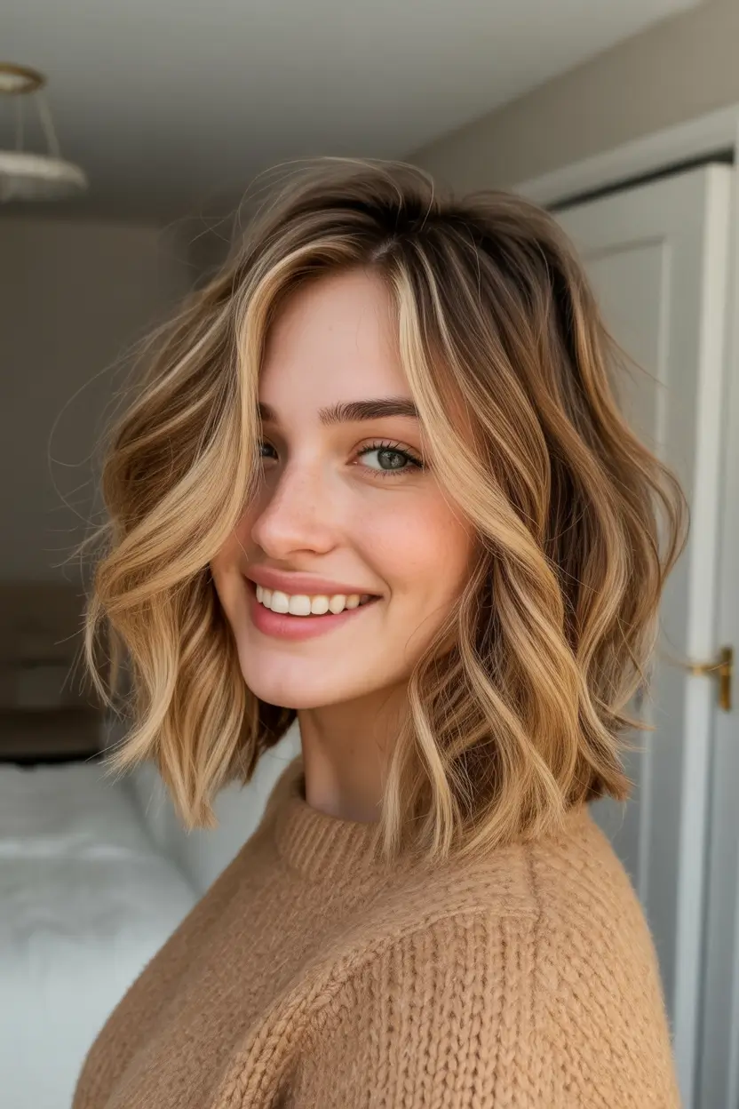 October hair color Golden Blonde Lob with Movement