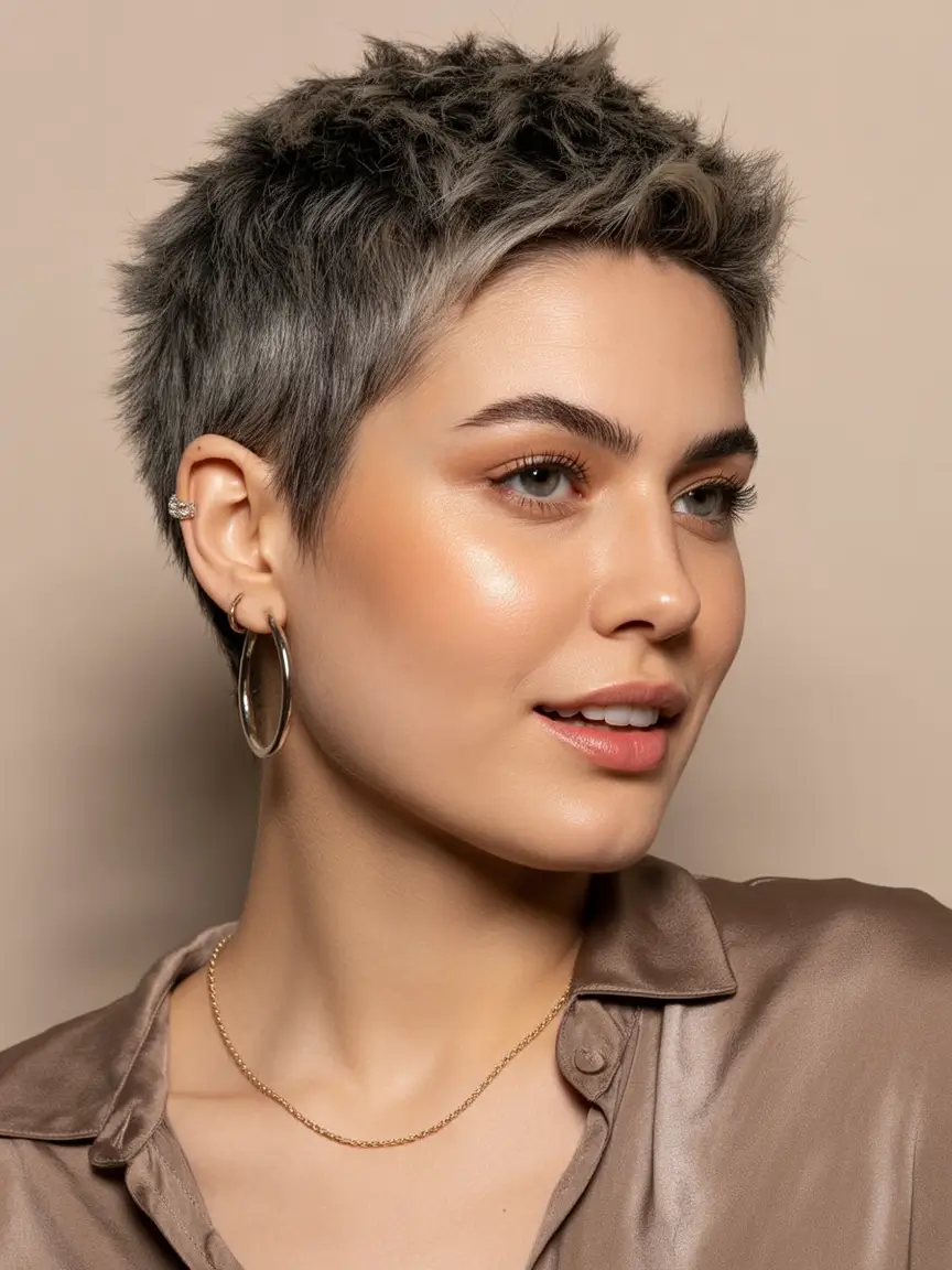 October hair color Modern Textured Pixie in Smoky Gray