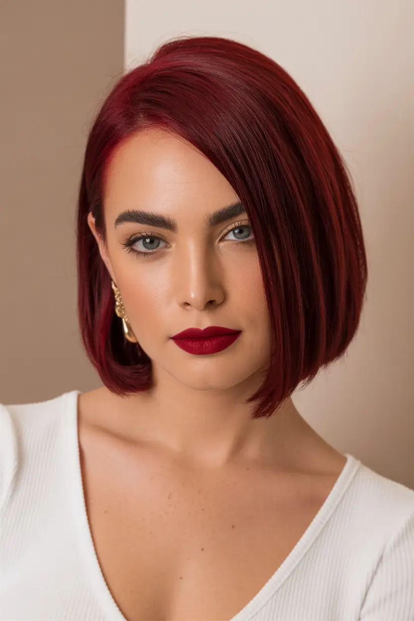 October hair color Glossy Red Sleek Bob