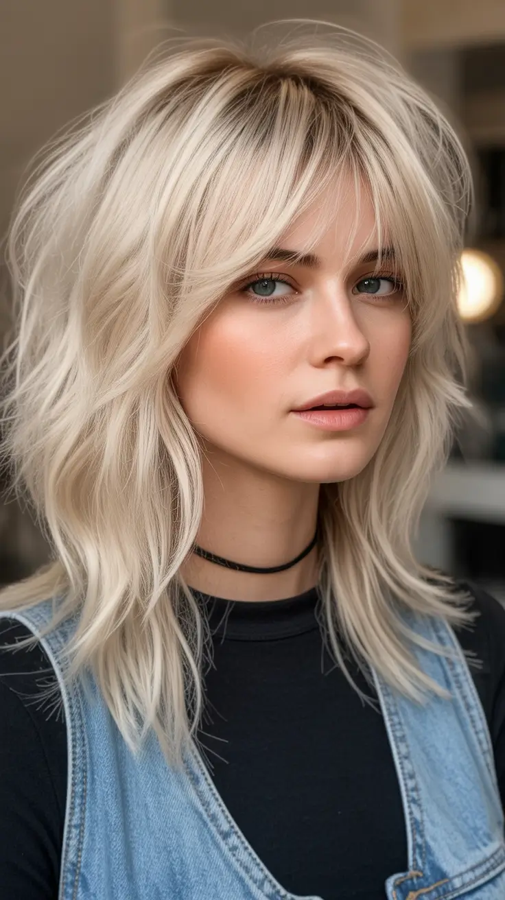 October hair color Blonde Shag with Wispy Bangs