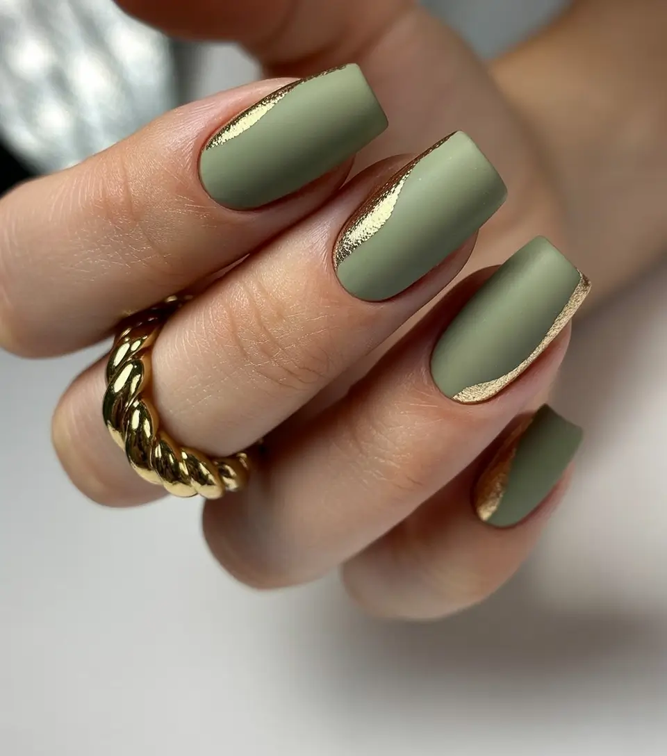 Olive green fall nails Olive Green With Golden Accents