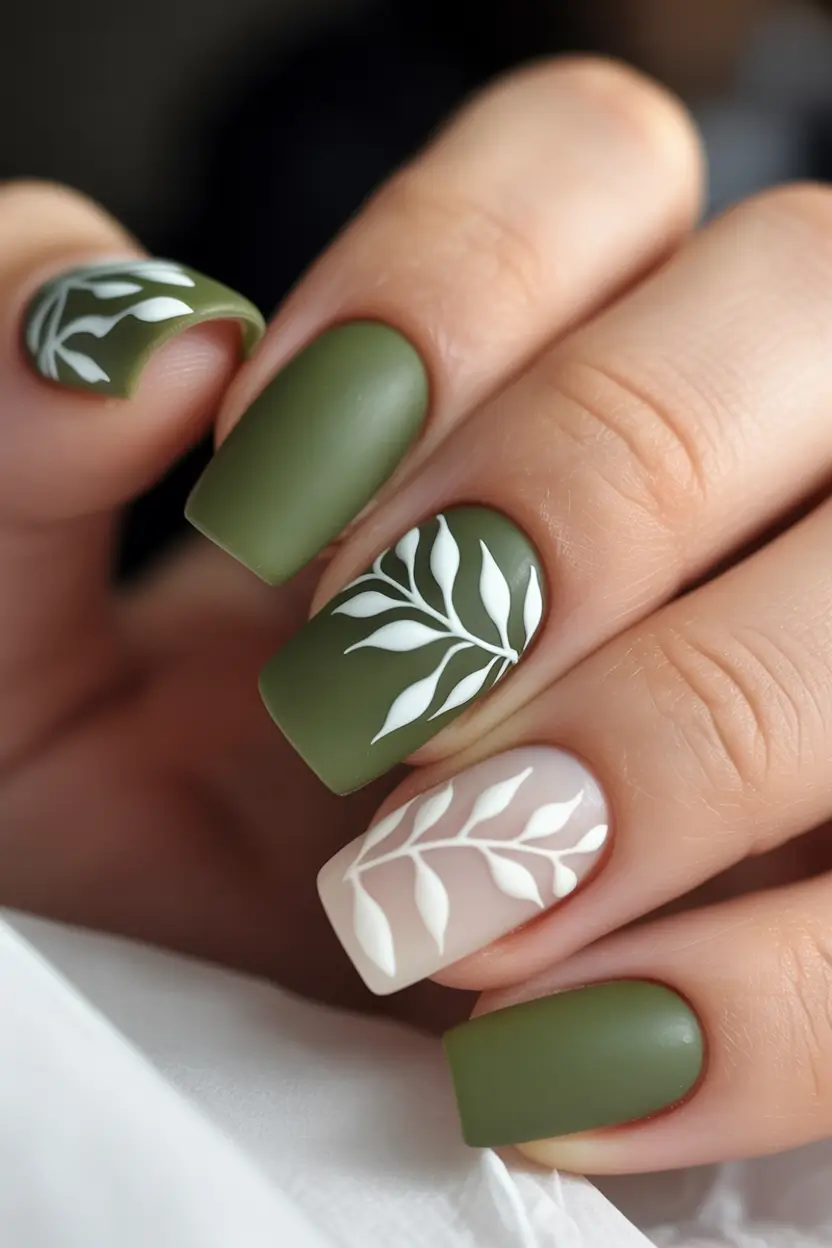 Olive green fall nails Matte Olive With White Leaf Motifs