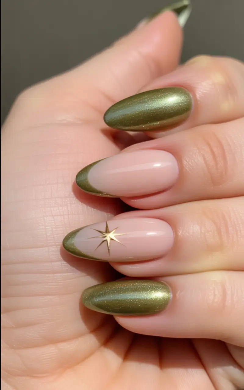Olive green fall nails Olive French With Golden Star