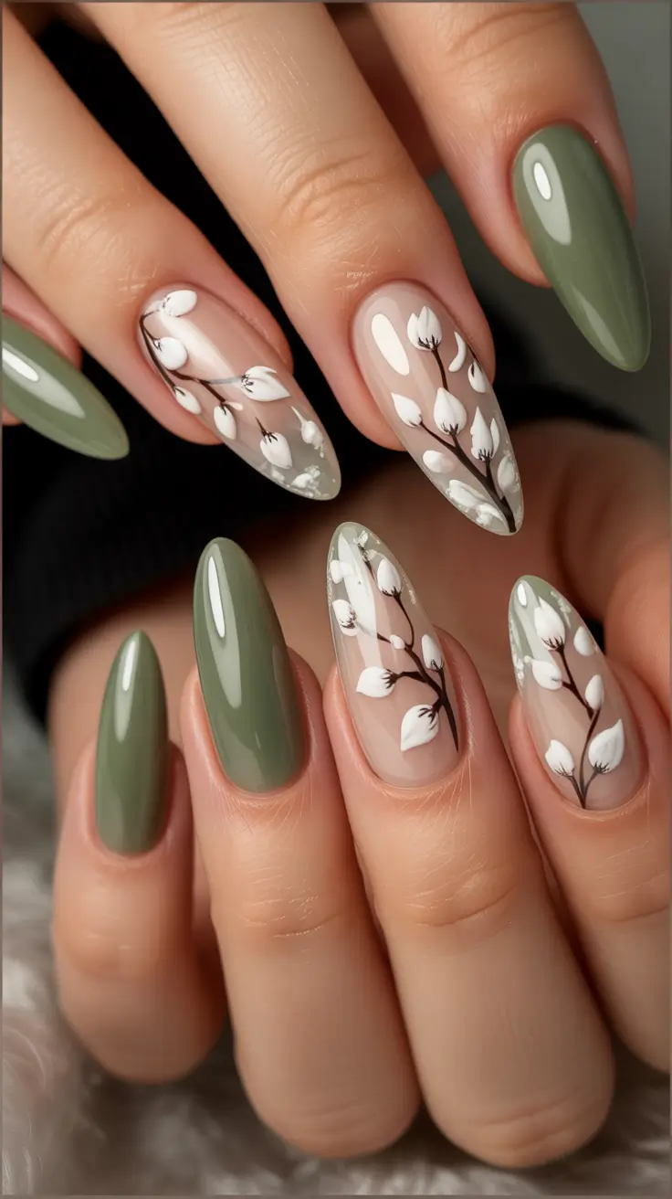 Olive green fall nails Botanical Olive Blossom Nails