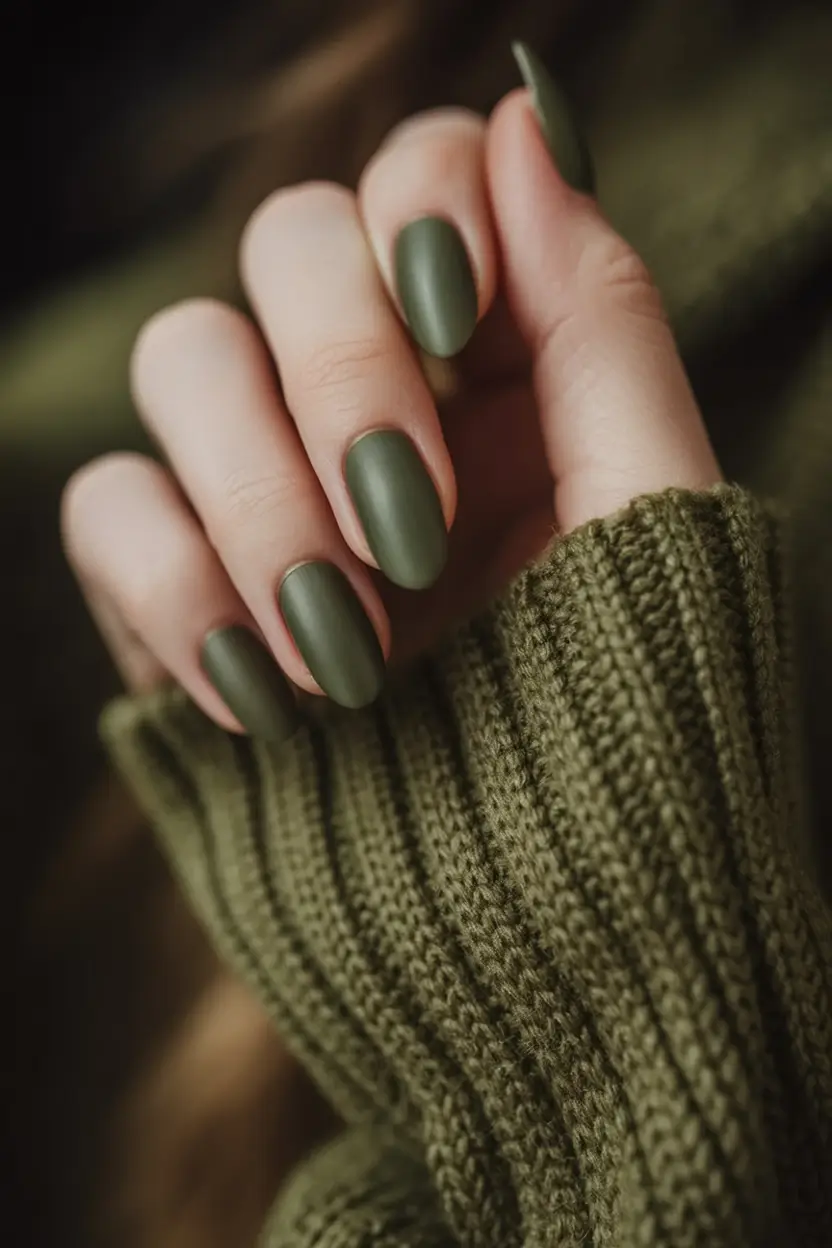 Olive green fall nails Dark Matte Olive Comfort